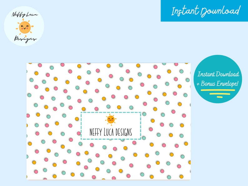 May include: Printable envelope template with a white background and a polka dot pattern in yellow, pink, and blue. The text "Neffy Luca Designs" is in a white rectangle with a yellow sun graphic.