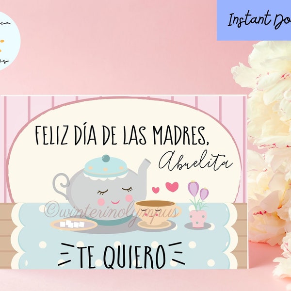 Tarjeta de felicitación de la abuela del Día de la Madre en Español imprimible con cafetera, descarga instantánea