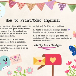 May include: A printable how-to guide with instructions on how to print, cut, fold, and write a message inside a card. The guide features a colorful illustration of a bird holding a heart-shaped envelope in its beak, a mailbox, and butterflies.