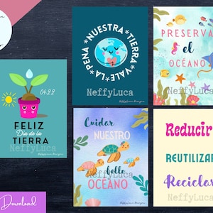 Conjunto de arte imprimible en el aula del Día de la Tierra en español, Decoraciones para el salón Día de la Tierra, Conjunto de 5 impresiones, Descarga instantánea