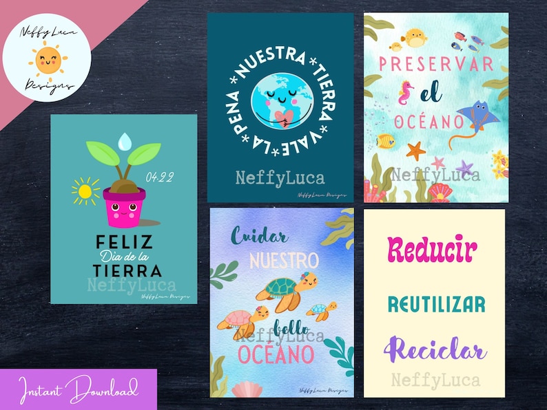 May include: Six printable cards with illustrations and text in Spanish. The cards feature a green plant, a blue planet, a seahorse, a stingray, a turtle, and a recycling symbol. The text on the cards includes "Feliz Dia de la Tierra", "Preservar el Oceano", "Cuidar Nuestro Oceano", "Reducir Reutilizar Reciclar", "NeffyLuca Designs", and "Pena Nuestra Tierra Vale La".