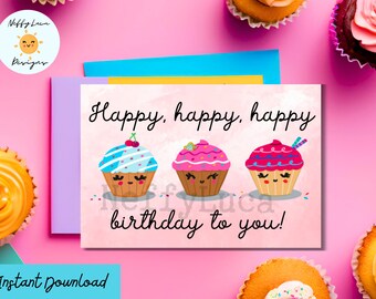 Happy Birthday Card Printable with Cute Cupcakes, Birthday card for her, Print at home card for girl, 5x7 Inch Card, Instant Download