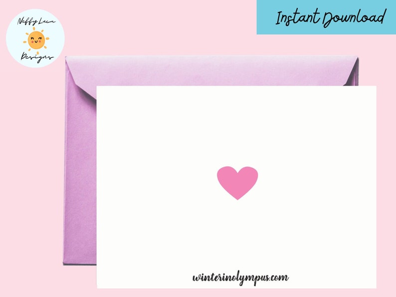 May include: A white card with a pink heart in the center. The card has the text "winterinolympus.com" at the bottom.