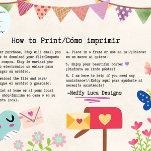 May include: A colorful graphic with instructions on how to print and frame a digital download. The graphic features a mailbox with a heart, a bird with a heart, and butterflies. The text reads "How to Print/C&oacute;mo imprimir" and includes instructions in both English and Spanish.