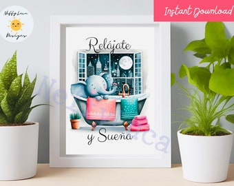 Elephant Bubble Bath Print: Spanish Relax and Dream Art (Digital Download)