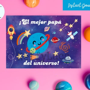 Spanish Best Papa in the Universe Card Space Printable with Planets, Spanish Dad Card, Tarjeta para papa de niños planetas, Instant Download