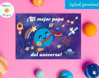 Spanish Best Papa in the Universe Card Space Printable with Planets, Spanish Dad Card, Tarjeta para papa de niños planetas, Instant Download