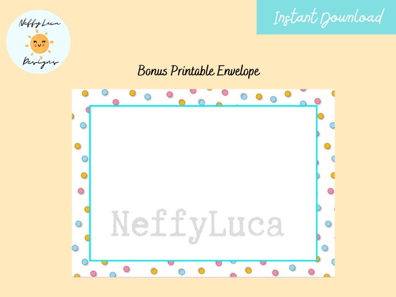 May include: Printable envelope with a white background and a colorful polka dot border. The text "NeffyLuca" is printed in gray in the center of the envelope.