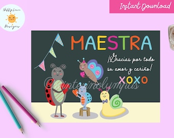 Spanish Teacher Thank You Gracias Maestra Card Printable with Cute Bugs, Instant Download