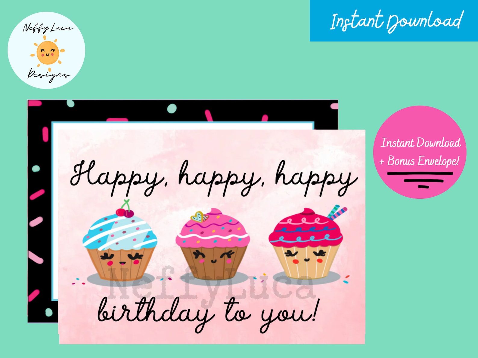 Happy Birthday Card Printable With Cute Cupcakes, Birthday Card for Her ...