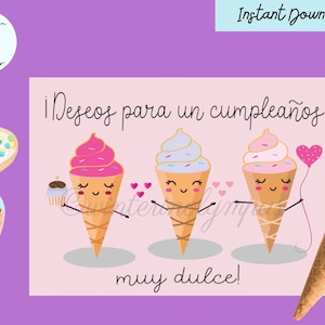 Carte d'anniversaire espagnole Feliz Cumpleaños avec glaces/carte d'anniversaire imprimable, téléchargement immédiat