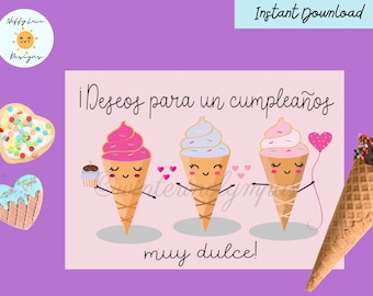 Feliz Cumpleaños Card: Spanish Ice Cream Birthday (Printable, Instant Download)