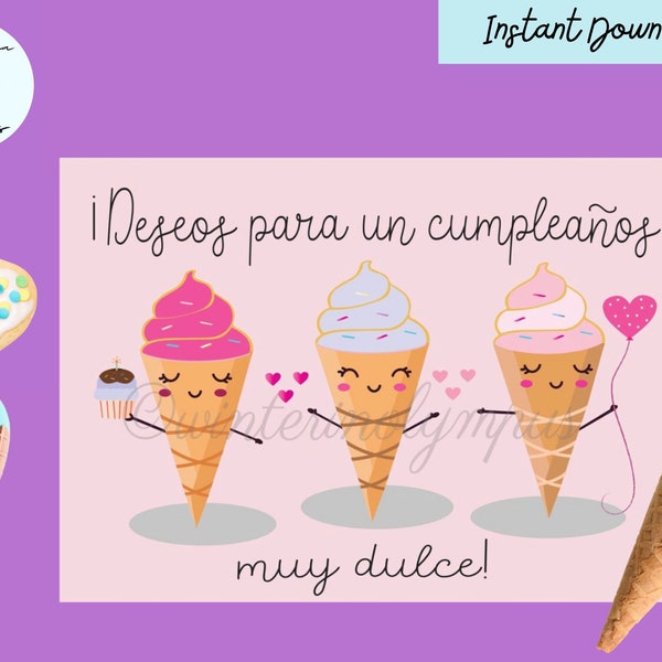 Feliz Cumpleaños Spanish Birthday Card with Ice Creams/Printable Birthday Card, Instant Download