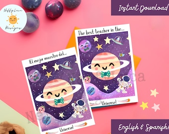 Bilingual Teacher Thank You Card: Spanish English Space Design (Printable)