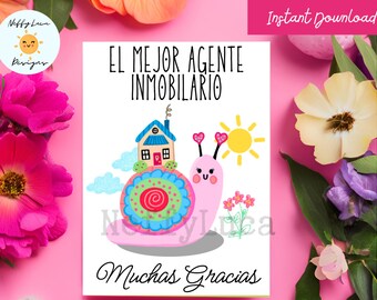Spanish Language Realtor Thank You Card Printable with Cute Snail, Tarjeta Gracias para agente inmobiliario, 5 x 7 inches, Instant Download