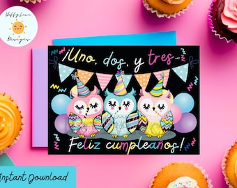 Spanish Birthday Card Printable with Cute Owls, Feliz Cumpleaños Colorful Greeting Card, Print at Home Digital Card, Instant Download
