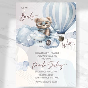 Teddy Bear Hot Air Balloon, We Can Bearly Wait boy Theme, Flying Baby Bear Invite, Baby shower boy invite
