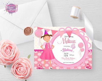May include: Pink birthday party invitation featuring a cartoon girl in a pink dress and party hat. The invitation includes the text "Let's Celebrate Melissa is turning 4 Pinkalicious" and event details.
