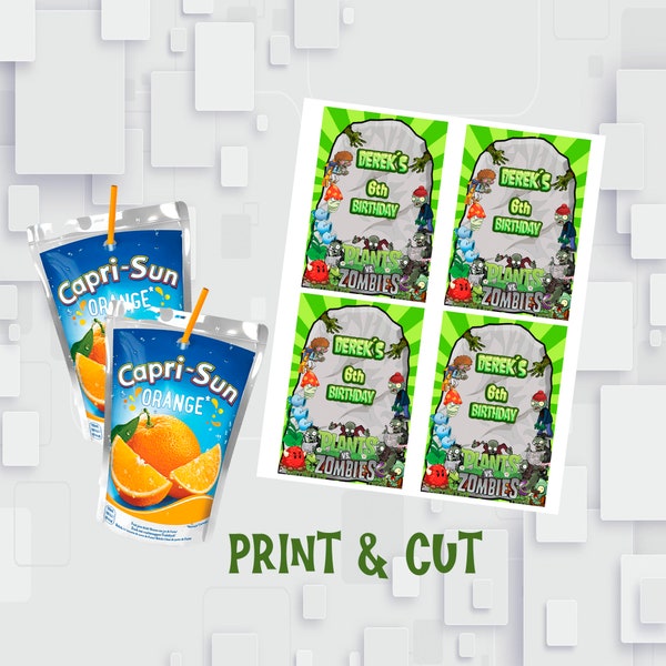 Birthday Custom Drink Pouch Labels, Capri Sun labels print and cut plants vs zombies customizable, juice pouch labels birthday party