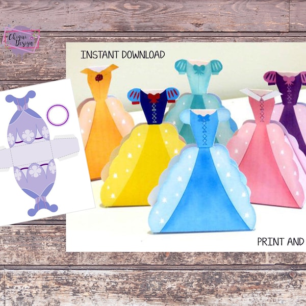 Princess dress printable boxes, paper princes dolls printable, princes print & cut, princess box party, dresses box,  cajitas princesas