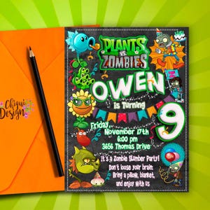 Plants vs zombies birthday invitation, plants vs zombies party supplies, video game theme, zombies birthday party decoration, zombies invite