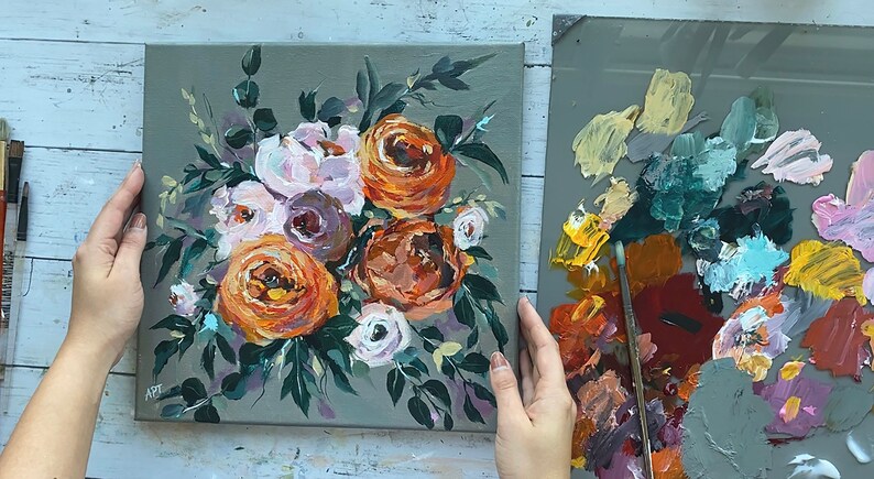 12x12 Flower Painting Original Art Acrylic Painting Paintings On Canvas Floral Painting Loose Roses Rose Bouquet Abstract Art Painting Art Collectibles Okumkomfoods Com