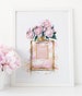 Fashion Wall Art, Perfume Bottle, Bathroom Vanity, Makeup Poster, Paris Wall Art, Watercolor, Floral Perfume Print, Pink and Gold Roses, Her 