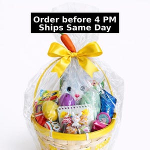 May include: A yellow Easter basket filled with treats and a plush bunny, wrapped in clear cellophane and tied with a yellow bow and carrot accent. The basket contains candy, eggs, and a notepad. Text on the image reads: Order before 4 PM Ships Same Day.