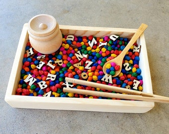 Alphabet Sensory Bin w/ Rainbow Chickpeas for Letter Recognition Montessori Literacy Transfer Activity Reggio Language Arts Resource