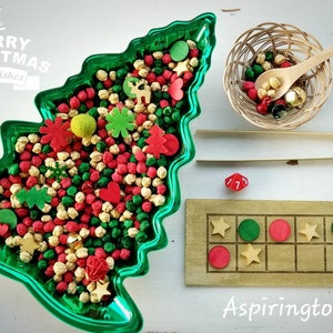 Christmas Sensory Bin Reggio Emilia inspired Holiday Loose Parts Montessori Math Manipulatives Ten Frame Waldorf Classroom Math Activity