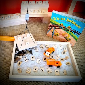 Construction ABC Sensory Sandbox Bin Small World Play w/ Alphabet Truck Book Montessori Classroom Reggio inspired Letters Early Learning Toy