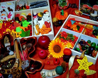 May include: A collection of autumn-themed sensory items in wooden trays. The trays contain items like leaves, acorns, pinecones, cinnamon sticks, and small wooden shapes. There are also some colorful glass beads and a sunflower.