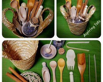 Quality Waldorf & Montessori inspired Sensory Bin and Playdoh Tools in Natural Burlap Basket with Handles for Multi- Sensory and Play
