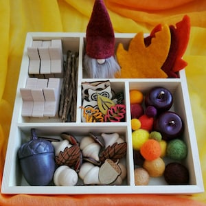 Fall Waldorf Wood & Wool Open- ended Autumn Tray w/Felted Gnome Inspired by Reggio Emilia Loose Parts Play