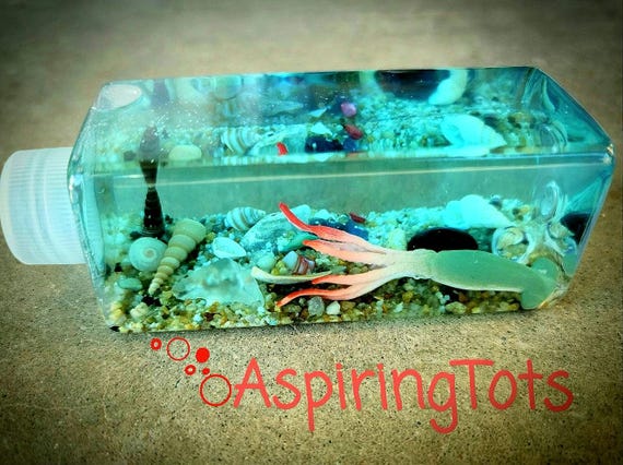 Square Ocean Sensory Bottle, Under-the-Sea Redirect Attention Calm Quiet Play, I-spy Bottle, Desk Aquarium Paperweight Fidget Toy Gift Idea