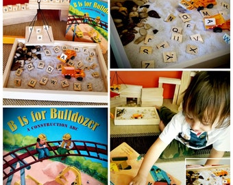 Construction Alphabet Sensory Bin Sandbox Small World Play w/ ABC Truck Book Montessori Classroom Reggio inspired Letters Early Learning Toy