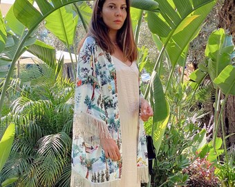 Fringed Viscose Kimono, Festival Fringed Jacket, Animal Boho Kimono, Bridesmaid Kimono, Beach Party Cover Up, Yoga Wear, The Cowgirl Outfit