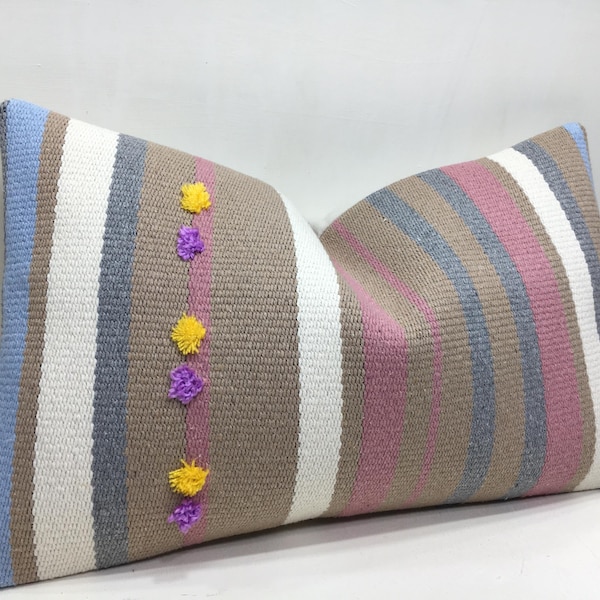 Vintage Turkish Kilim Pillow Cover, Handwoven Accent Cushion (12x20)