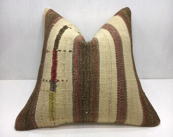 Vintage Kilim Pillow Cover, 20x20, Handwoven Turkish Bohemian Throw Pillow