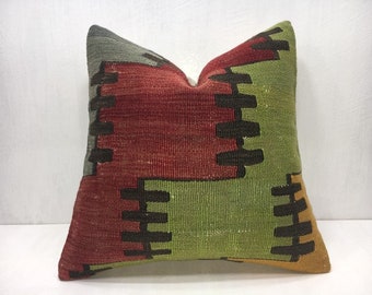 Vintage Kilim Pillow Cover, Bohemian Turkish Pillow, Handwoven Linen, 16x16