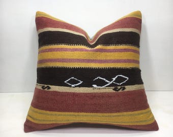 Vintage Handwoven Kilim Pillow Cover, Bohemian Home Decor, 18x18