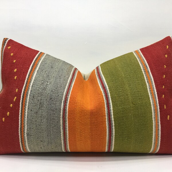 Vintage Turkish Kilim Pillow Cover, Handwoven Lumbar Cushion (12x20)
