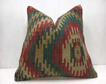Vintage Kilim Pillow Cover, Handwoven Turkish Bohemian Accent Pillow (16x16)