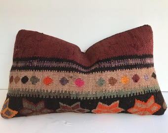 Copricuscino Kilim turco vintage, cuscino lombare tessuto a mano (12x20)