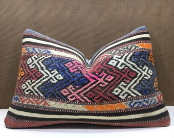 Federa per cuscino Kilim vintage, decorazione rustica turca tessuta a mano (16x24)