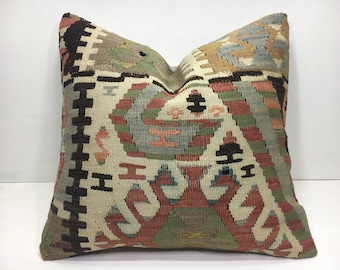 Vintage Kilim Pillow Cover, Handwoven Turkish Pillow, 16x16