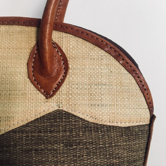 Leather and Woven Straw Structured Beaded Bag - image 2