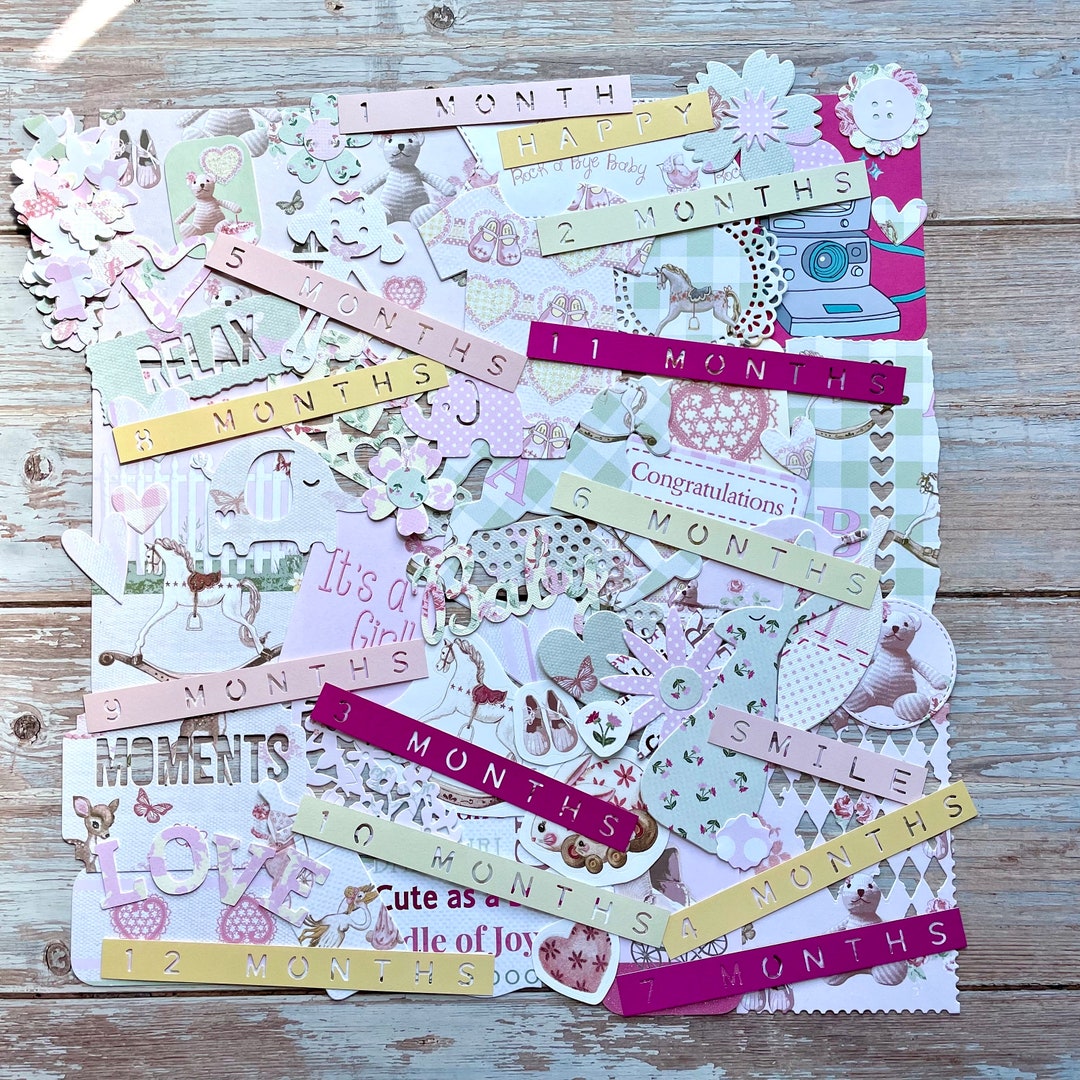 Baby Girl Scrapbook Supplies, Baby Shower Gift, Handmade Paper Junk Journal Embellishments