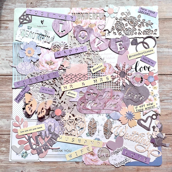 Wedding scrapbook kit, just married scrapbooking embellishments, newlyweds paper ephemera, handmade journaling accessories