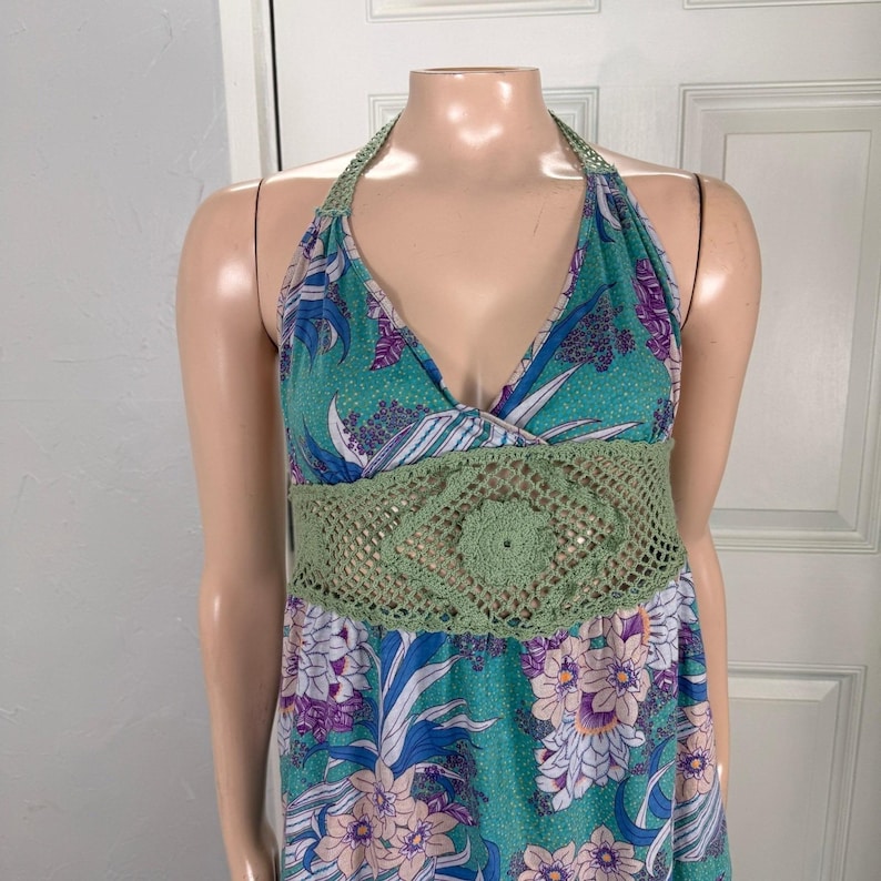 Vintage Y2K Anthropologie Women's Top Small Cotton Floral Halter Crochet PP28 image 2